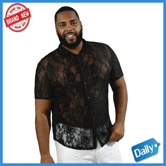 Other - Men's Floral Lace Mesh Button Down Shirt Short Sleeve Blouse